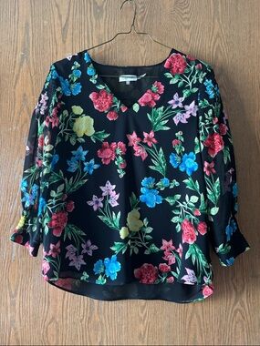Calvin Klein Black Floral V-Neck Blouse with Multicolor Blooms Size M